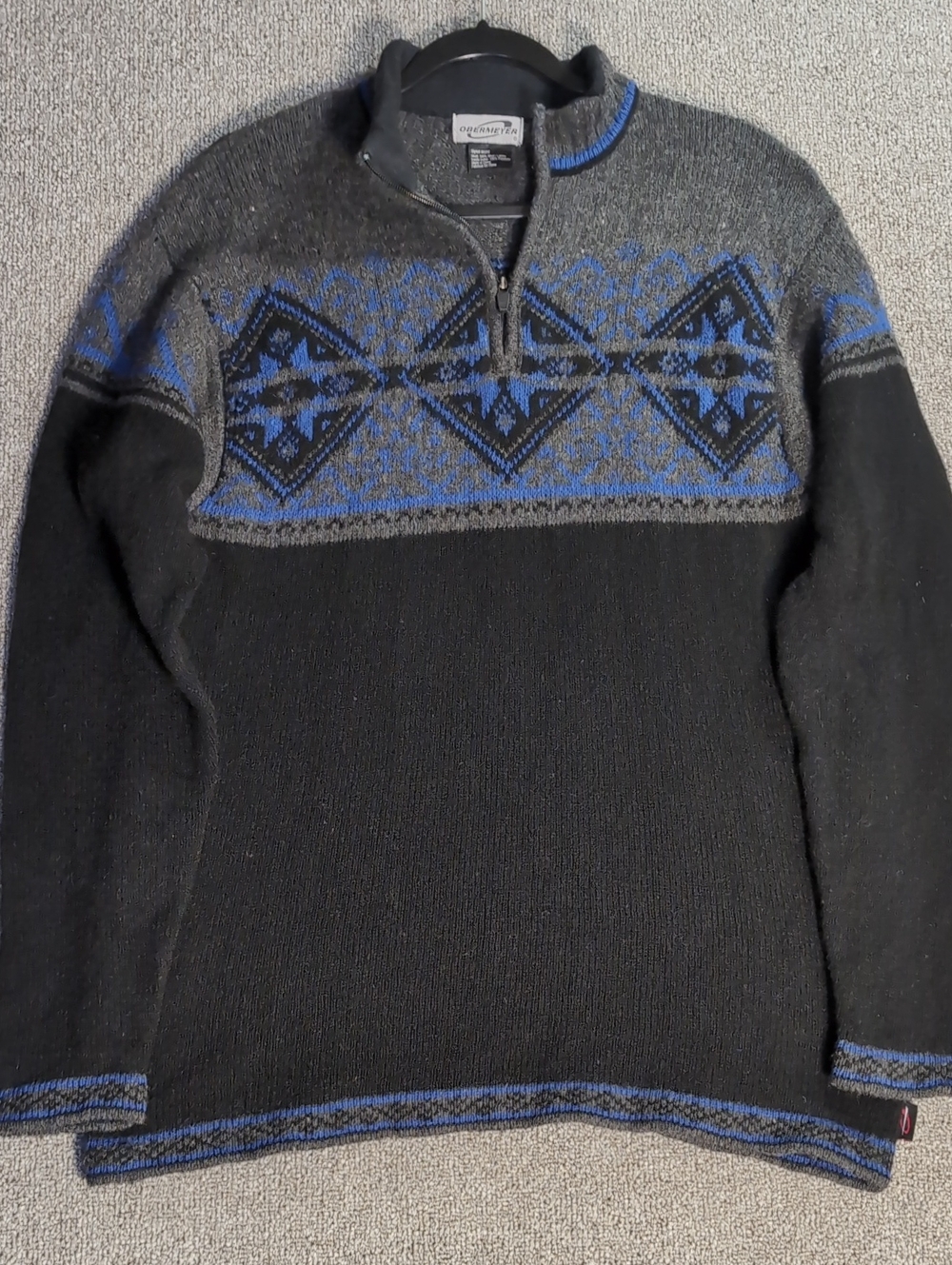 Obermeyer Nordic Ski Sweater Size Medium Quarter Zip Wool Pullover Black/Blue